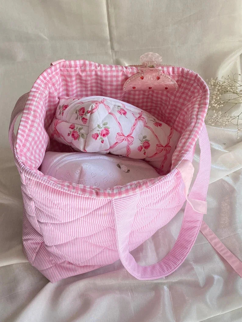 Custom Size Logo Women Ladies Floral Print Cotton Padded Quilted Lace-up Closure Tote Shoulder Bag Totebag with Plaid Lining