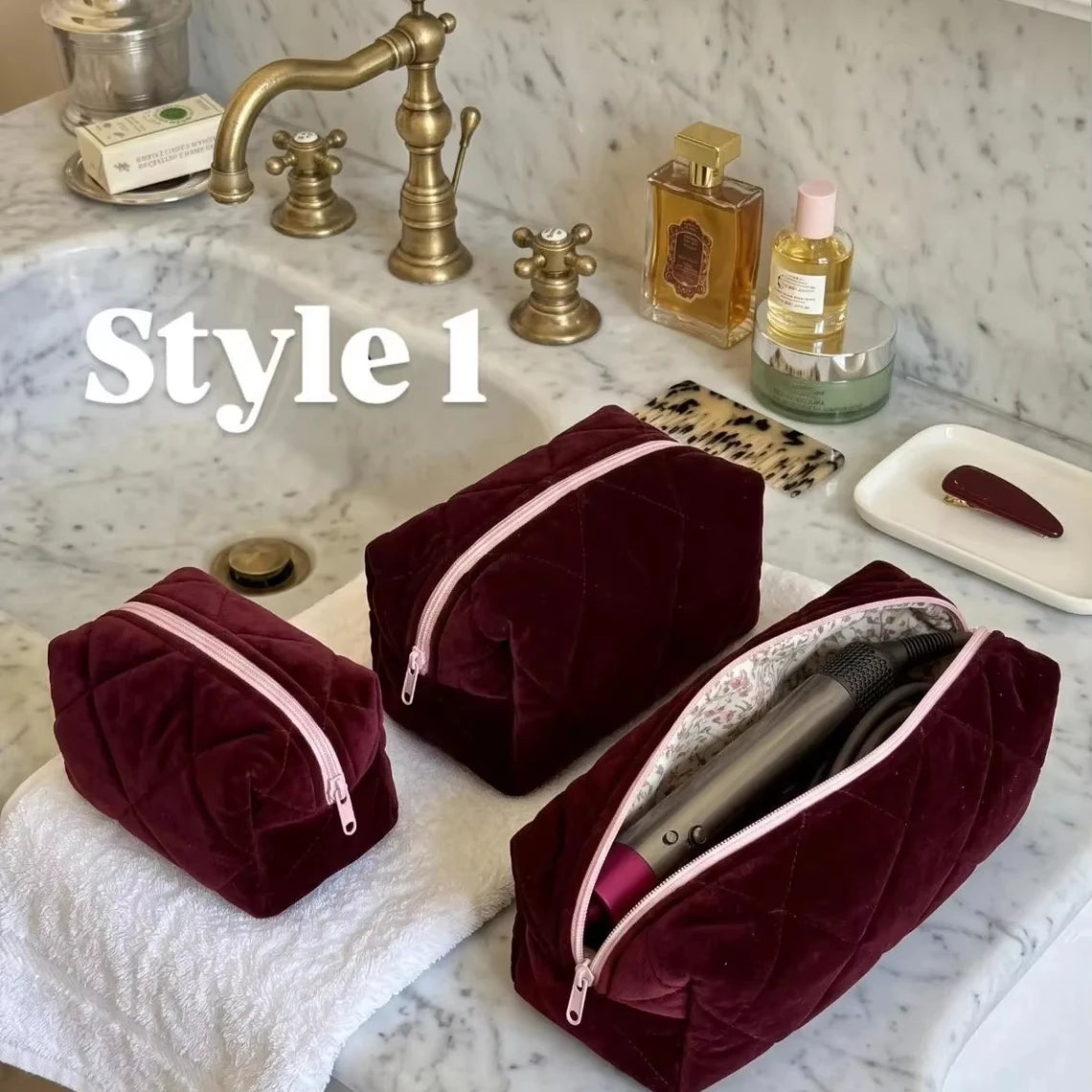 Custom Velvet Makeup Pouch Quilted Toiletry Bag Floral Lined Cosmetic Organizer Portable Travel Case for Ladies