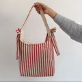 Custom Vintage Red Striped Shoulder Bag Eco Friendly Canvas Tote Hand Bag Large Capacity Single Shoulder Bag With Knotted Rope