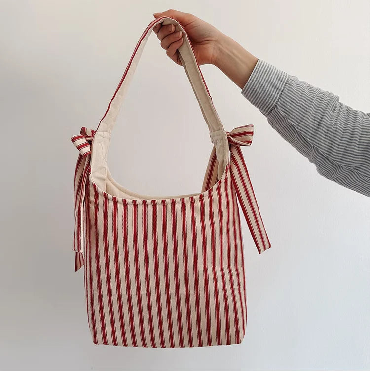 Custom Vintage Red Striped Shoulder Bag Eco Friendly Canvas Tote Hand Bag Large Capacity Single Shoulder Bag With Knotted Rope