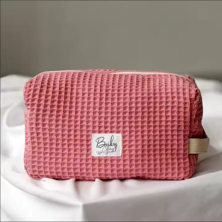 Custom Wholesale Waffle Weave Cotton Textured Cosmetic Makeup Make up Toiletry Beauty Skincare Pouch Bag