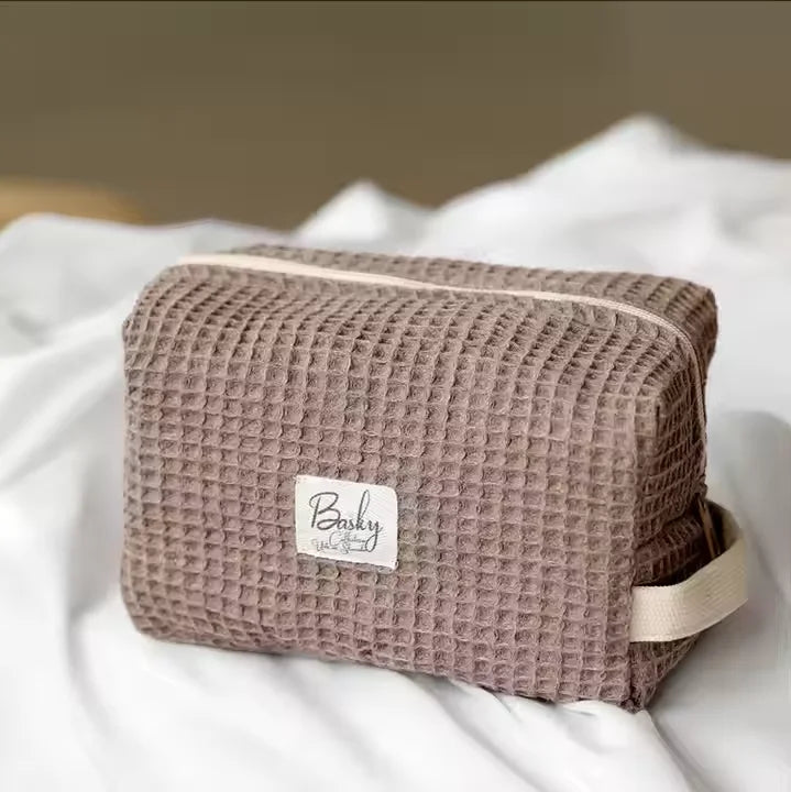 Custom Wholesale Waffle Weave Cotton Textured Cosmetic Makeup Make up Toiletry Beauty Skincare Pouch Bag