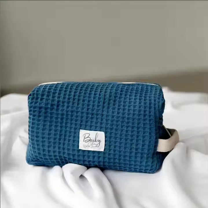 Custom Wholesale Waffle Weave Cotton Textured Cosmetic Makeup Make up Toiletry Beauty Skincare Pouch Bag
