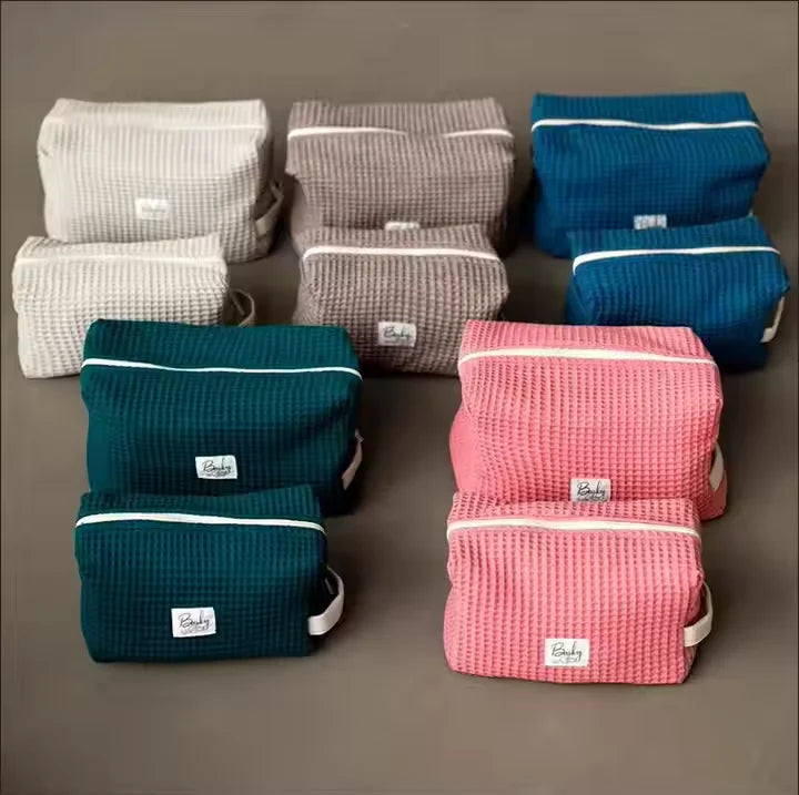 Custom Wholesale Waffle Weave Cotton Textured Cosmetic Makeup Make up Toiletry Beauty Skincare Pouch Bag