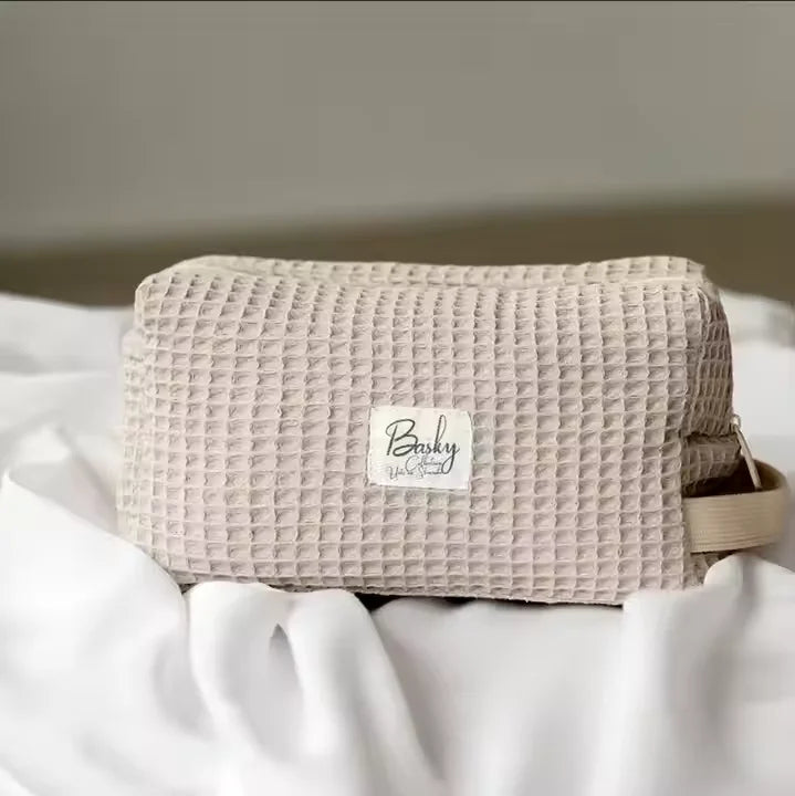 Custom Wholesale Waffle Weave Cotton Textured Cosmetic Makeup Make up Toiletry Beauty Skincare Pouch Bag