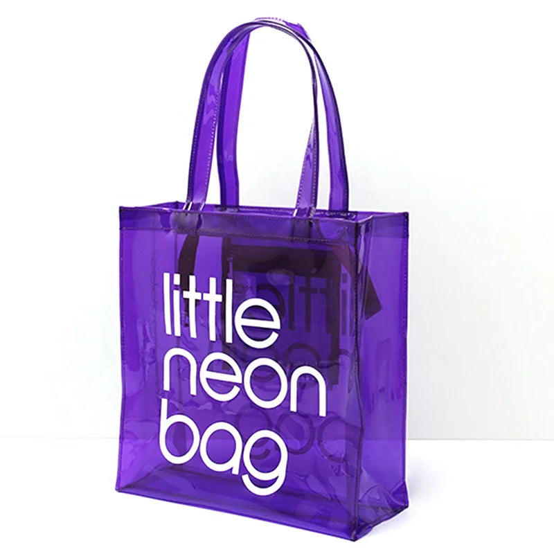 Custom Women Fashion Translucent Plastic Handbag Waterproof Transparent Tote Beach Bags Neon PVC Shopping Bag