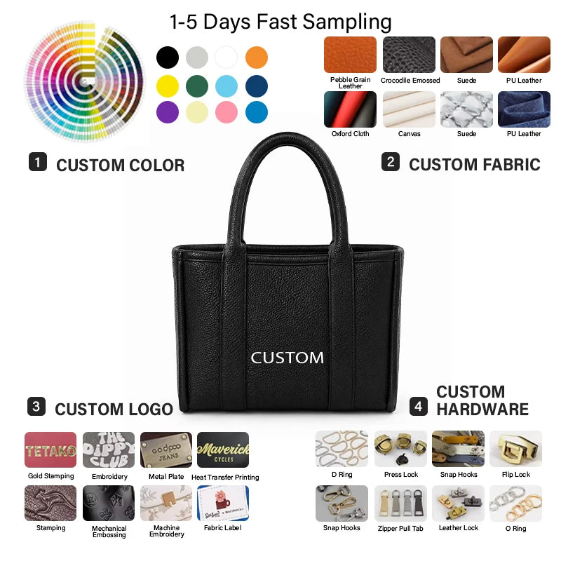 Customizable Stylish Women's Minimalist Office Travel Tote Handbag Zipper Closure Waterproof Recycled Synthetic PU Leather