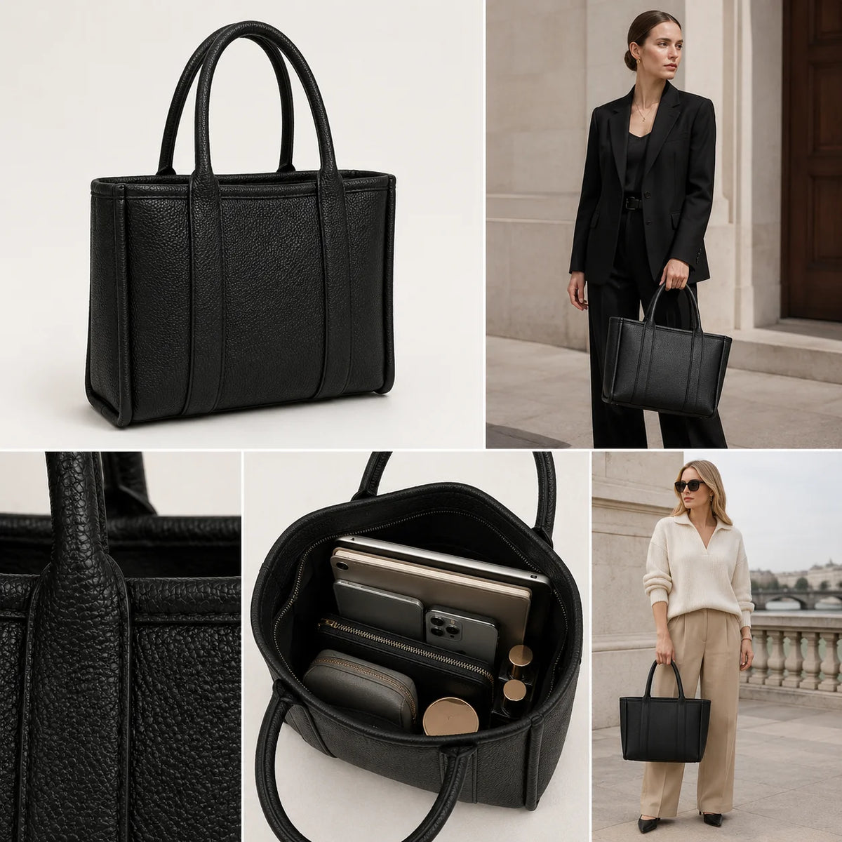Customizable Stylish Women's Minimalist Office Travel Tote Handbag Zipper Closure Waterproof Recycled Synthetic PU Leather