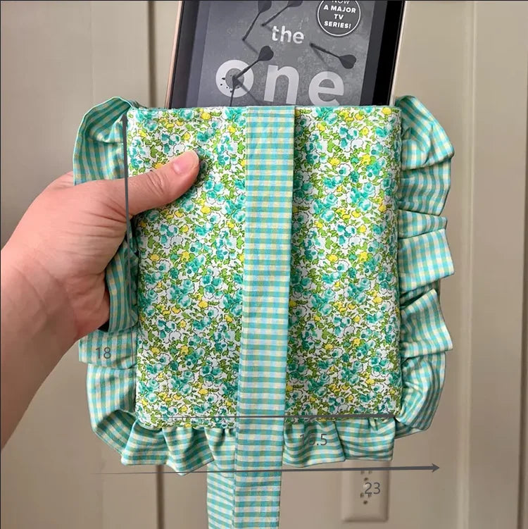 Customize Handmade Soft Book Sleeve Travel Cotton E-Reader Cover Pouch Quilted Ruffle Kindle Sleeve with Natural Bow