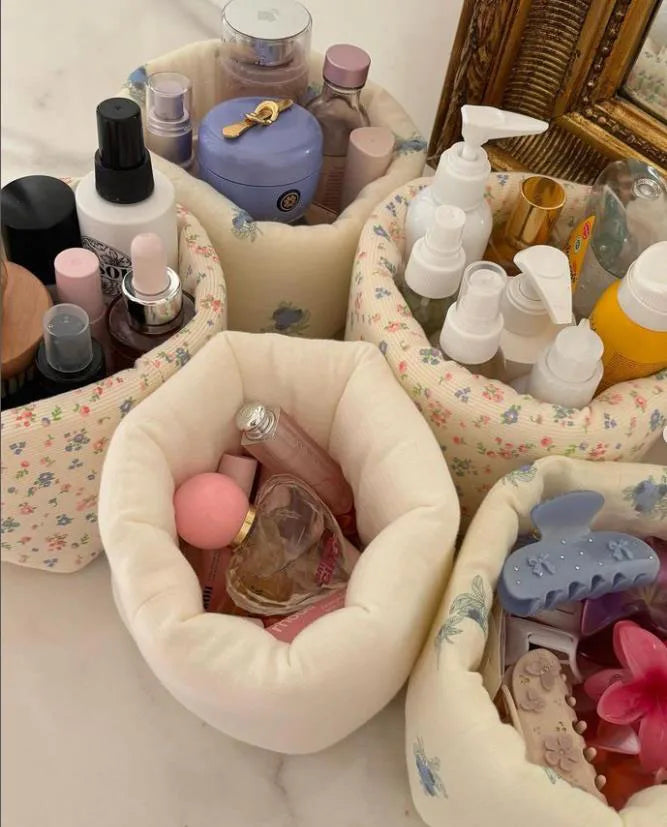 Customized Fabric Stand-able Bag Cosmetics Storage Bag Thick Cotton Quilted Cosmetics Bag