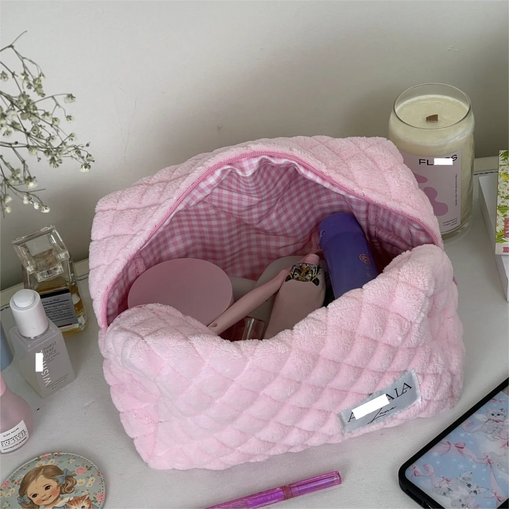 Customized Furry Toiletry Kits Jealously Terrycloth Travel Cases Fluffy Pink Beauty Cosmetic Bag with Gingham Lining