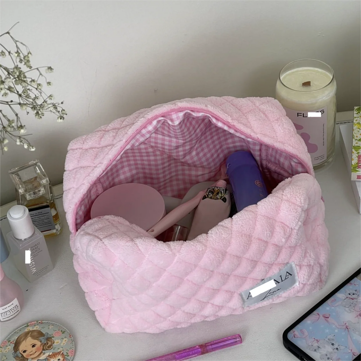 Customized Furry Toiletry Kits Jealously Terrycloth Travel Cases Fluffy Pink Beauty Cosmetic Bag with Gingham Lining