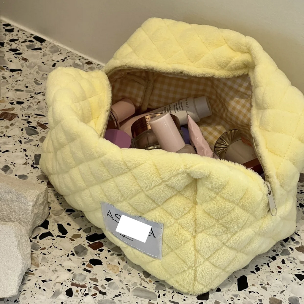 Customized Furry Toiletry Kits Jealously Terrycloth Travel Cases Fluffy Pink Beauty Cosmetic Bag with Gingham Lining