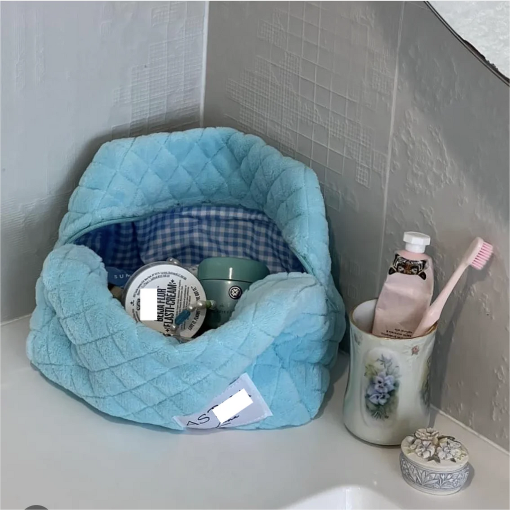 Customized Furry Toiletry Kits Jealously Terrycloth Travel Cases Fluffy Pink Beauty Cosmetic Bag with Gingham Lining