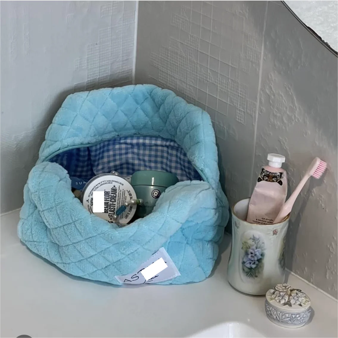 Customized Furry Toiletry Kits Jealously Terrycloth Travel Cases Fluffy Pink Beauty Cosmetic Bag with Gingham Lining
