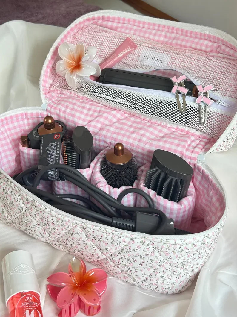 Customized Hair Tool Bag With Inside Pockets Handmade Soft Quilted Makeup Case Big Handle Travel Cosmetic Bag