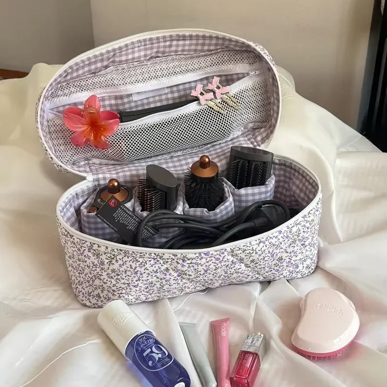 Customized Hair Tool Bag With Inside Pockets Handmade Soft Quilted Makeup Case Big Handle Travel Cosmetic Bag