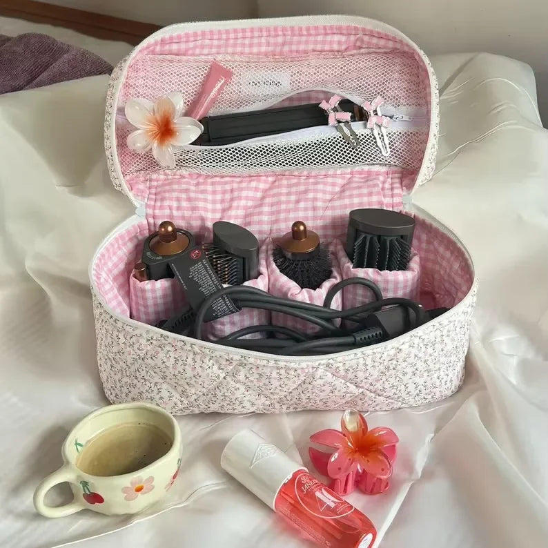 Customized Hair Tool Bag With Inside Pockets Handmade Soft Quilted Makeup Case Big Handle Travel Cosmetic Bag