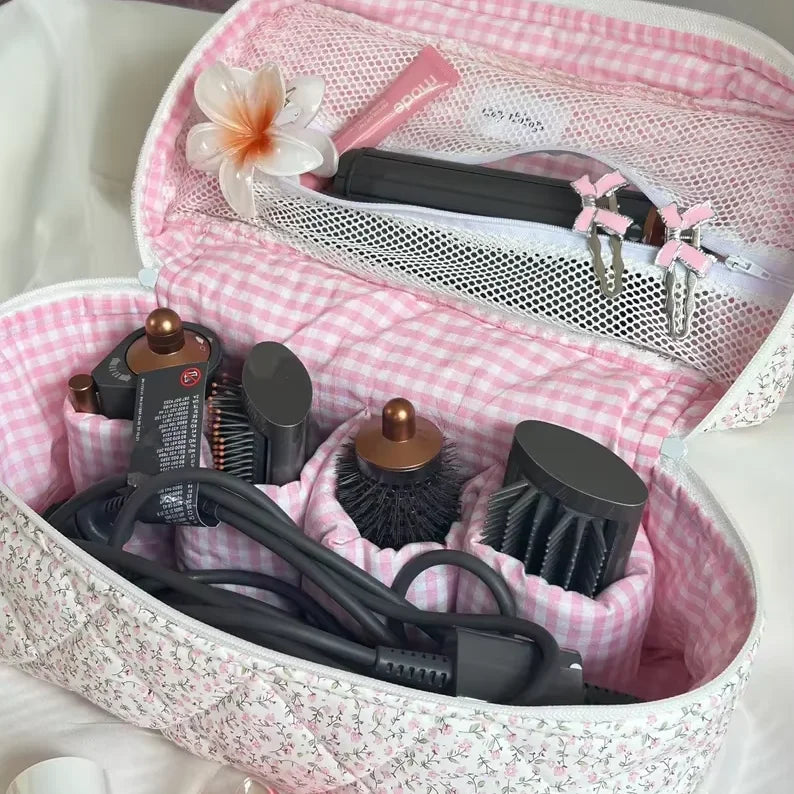Customized Hair Tool Bag With Inside Pockets Handmade Soft Quilted Makeup Case Big Handle Travel Cosmetic Bag