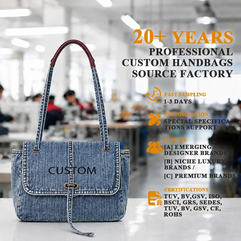 Customized Wholesale Denim Zipper Custom Slouchy Style Ladies Large Capacity Single Shoulder Messenger Handbag