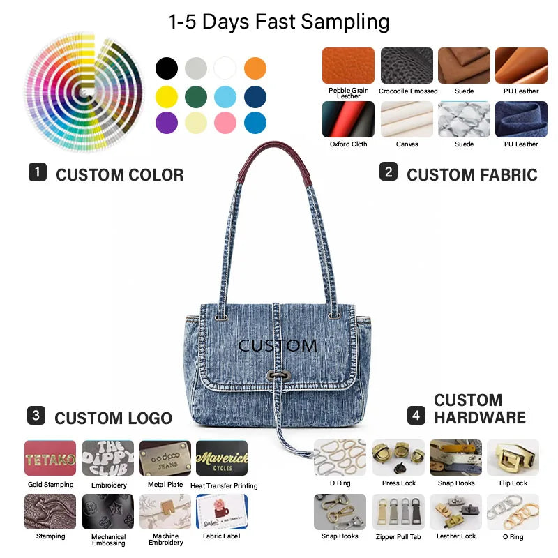 Customized Wholesale Denim Zipper Custom Slouchy Style Ladies Large Capacity Single Shoulder Messenger Handbag
