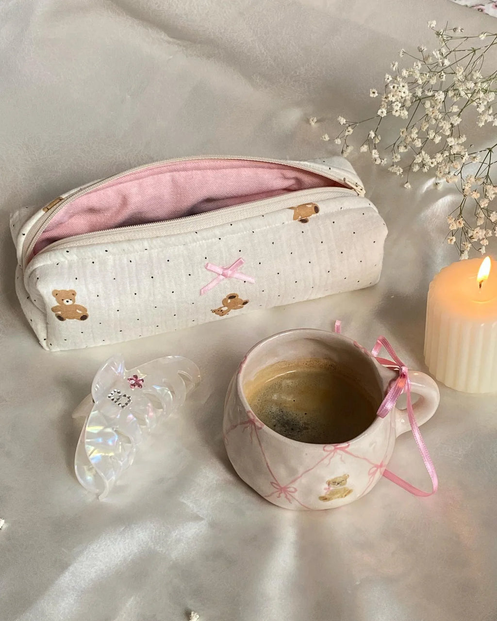 Cute Bear Floral Bow Pencil Case Pencil Bag Cosmetic Makeup Bag Zipper Pouch Purse