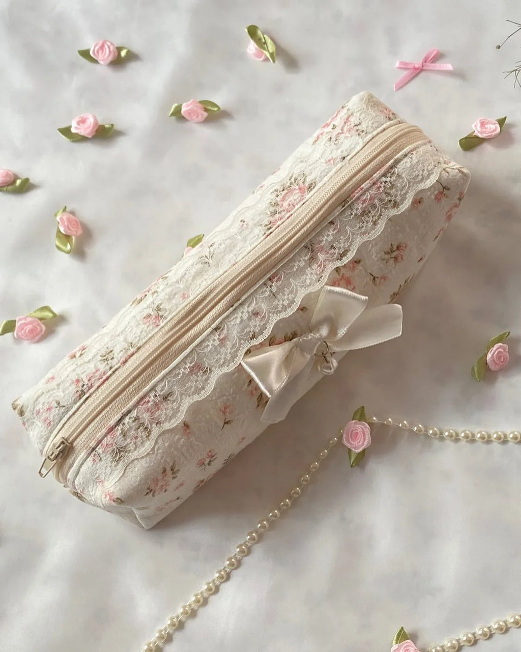 Cute Bear Floral Bow Pencil Case Pencil Bag Cosmetic Makeup Bag Zipper Pouch Purse