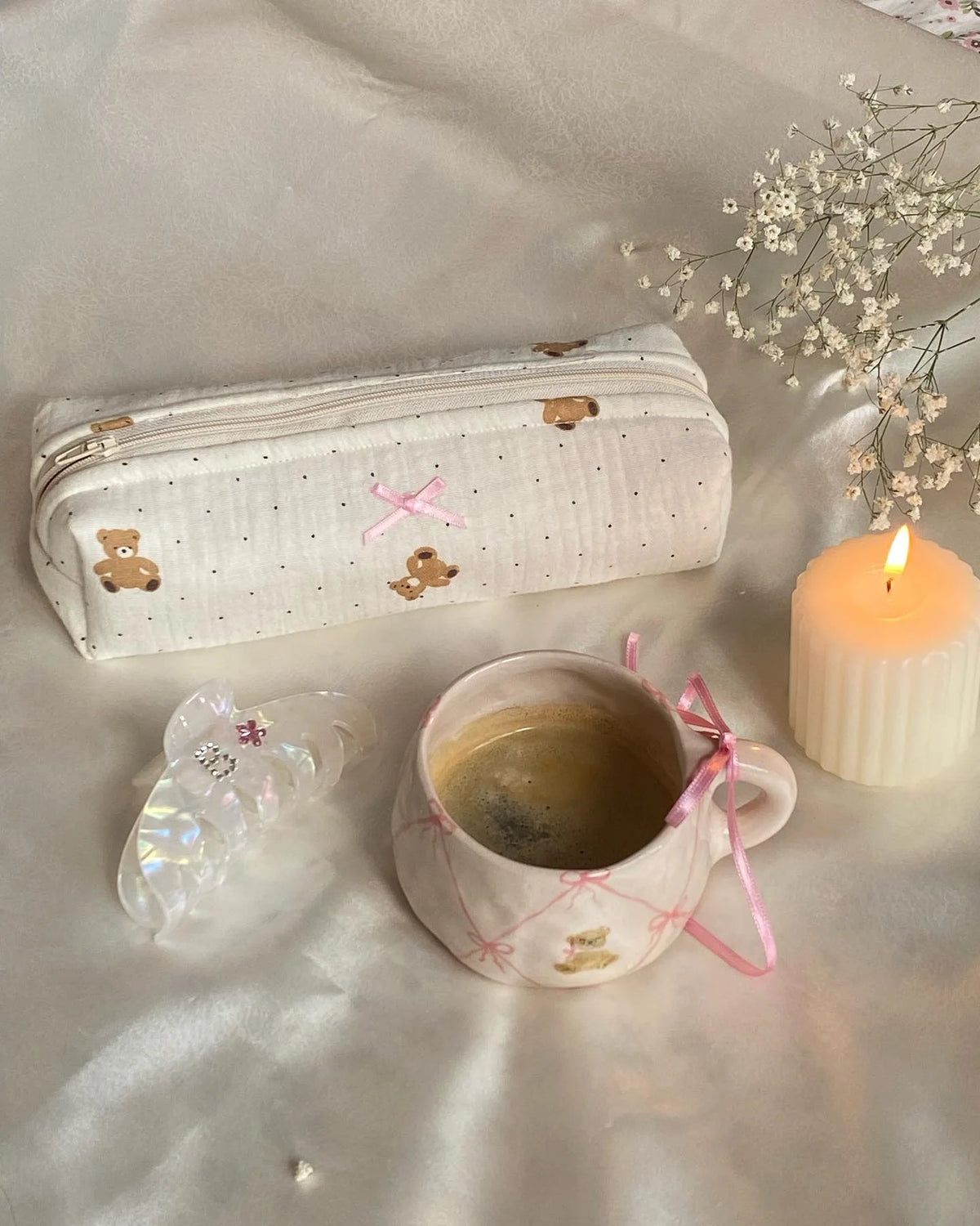 Cute Bear Floral Bow Pencil Case Pencil Bag Cosmetic Makeup Bag Zipper Pouch Purse