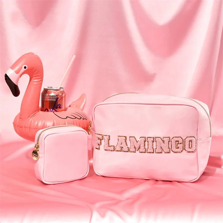 Cute Cosmetic Poutch Pink Beauty Bag Portable Nylon Storage Bag with Patches