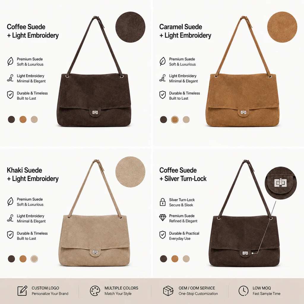 Dark Brown Suede Flap Bag, Silver Turn-Lock Closure Multi-Color Custom Logo, OEM/ODM Factory Wholesale