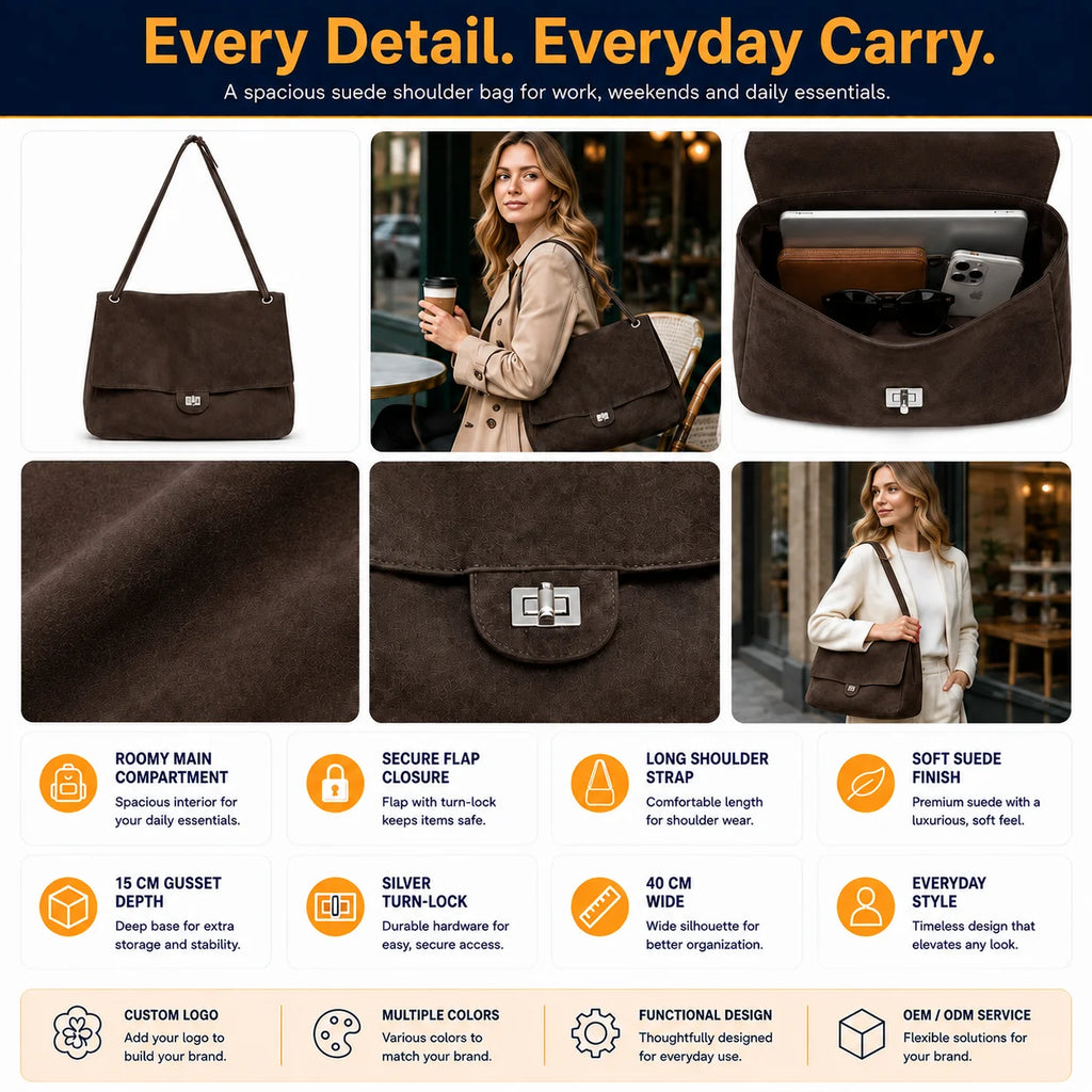 Dark Brown Suede Flap Bag, Silver Turn-Lock Closure Multi-Color Custom Logo, OEM/ODM Factory Wholesale