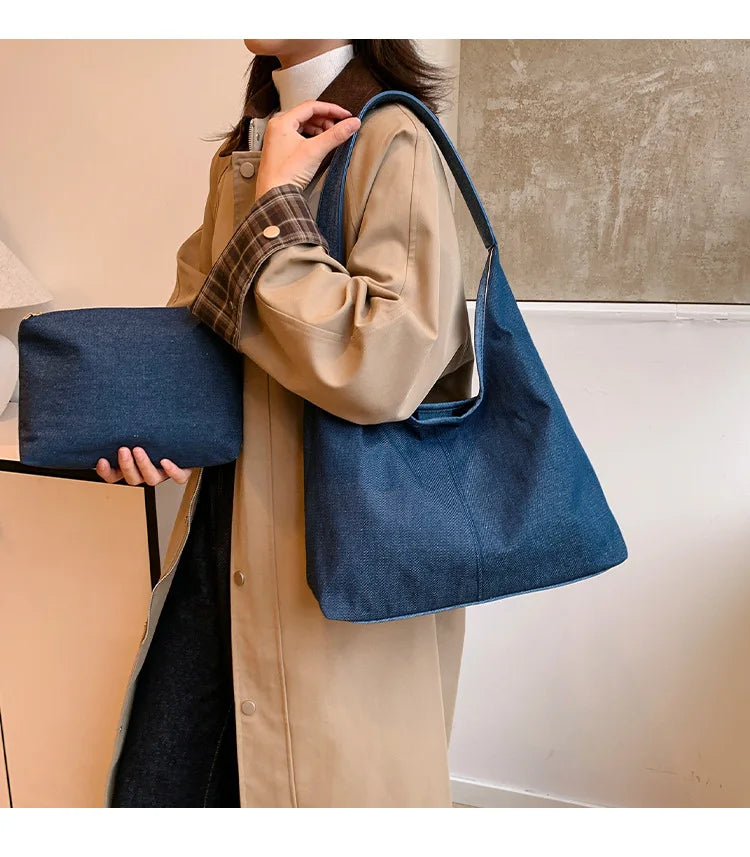 Denim Single Shoulder Bag for Women Hasps Closure Simple Durable Large Capacity Fashionable