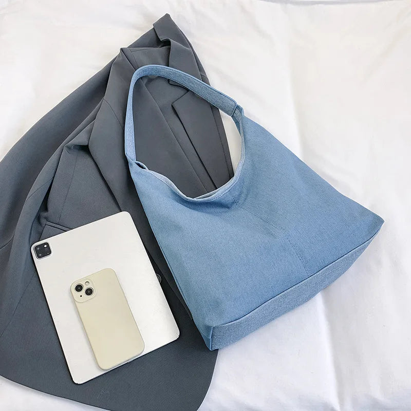 Denim Single Shoulder Bag for Women Hasps Closure Simple Durable Large Capacity Fashionable