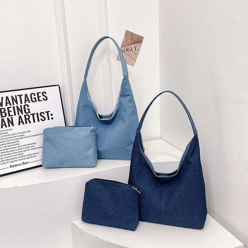 Denim Single Shoulder Bag for Women Hasps Closure Simple Durable Large Capacity Fashionable