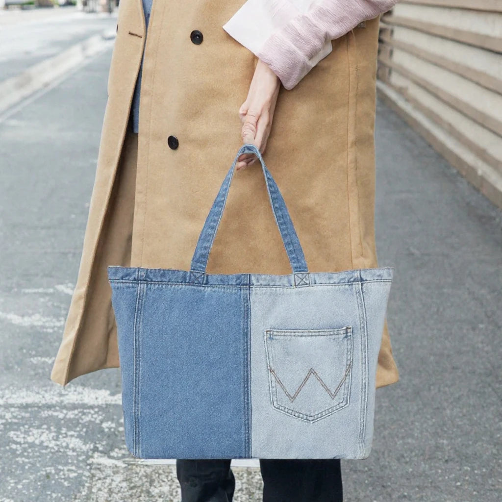 Designer Style Denim Lady Solid Color Zipper Closure Storage Shopping Shoulder Messenger Tote Bag All Seasons Embroidery LOGO