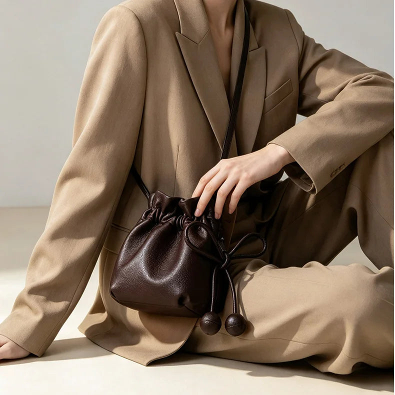 Drawstring Bucket Bags Casual Fashion Genuine Leather Women's Shoulder Bag Crossbody Bag Soft Cowhide Small Bags for Women