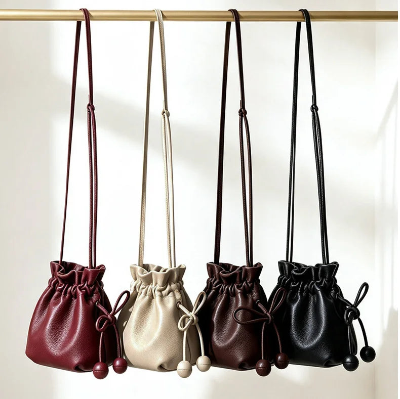 Drawstring Bucket Bags Casual Fashion Genuine Leather Women's Shoulder Bag Crossbody Bag Soft Cowhide Small Bags for Women
