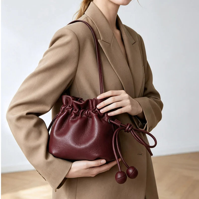 Drawstring Bucket Bags Casual Fashion Genuine Leather Women's Shoulder Bag Crossbody Bag Soft Cowhide Small Bags for Women