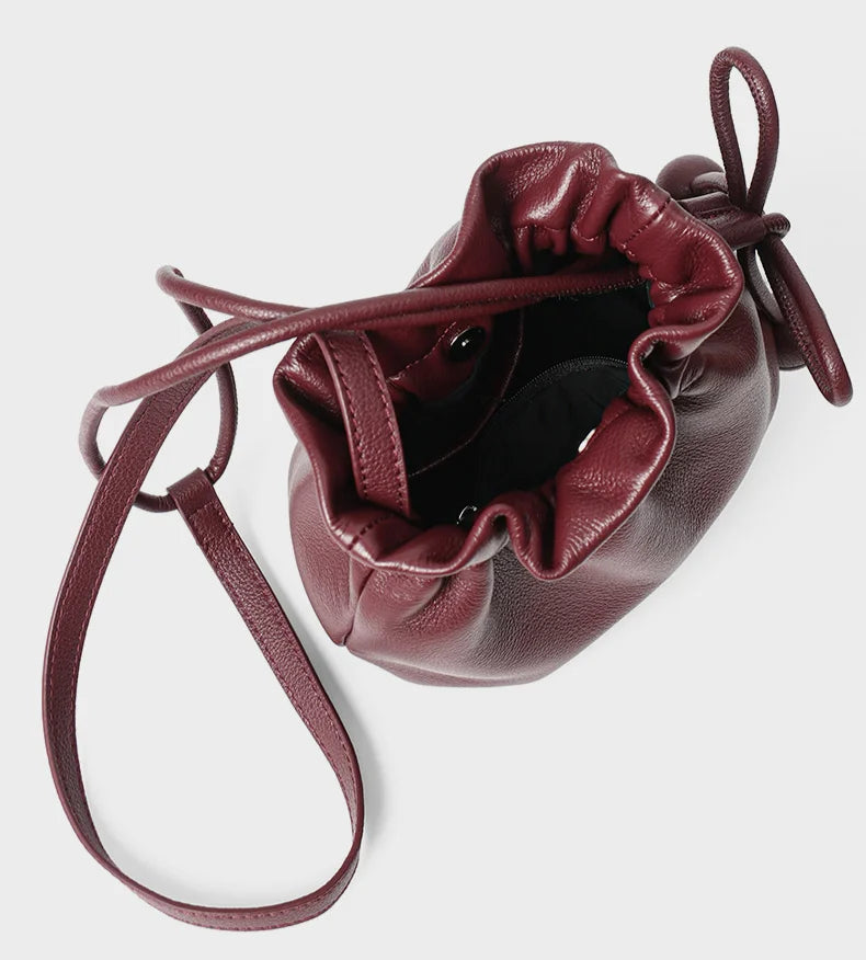 Drawstring Bucket Bags Casual Fashion Genuine Leather Women's Shoulder Bag Crossbody Bag Soft Cowhide Small Bags for Women