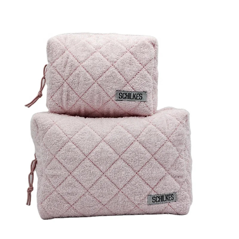 Dual Chamber Terry Cloth Toweling Soft Fabric Cosmetic Bag Make up Cute Pouch Mini for Women