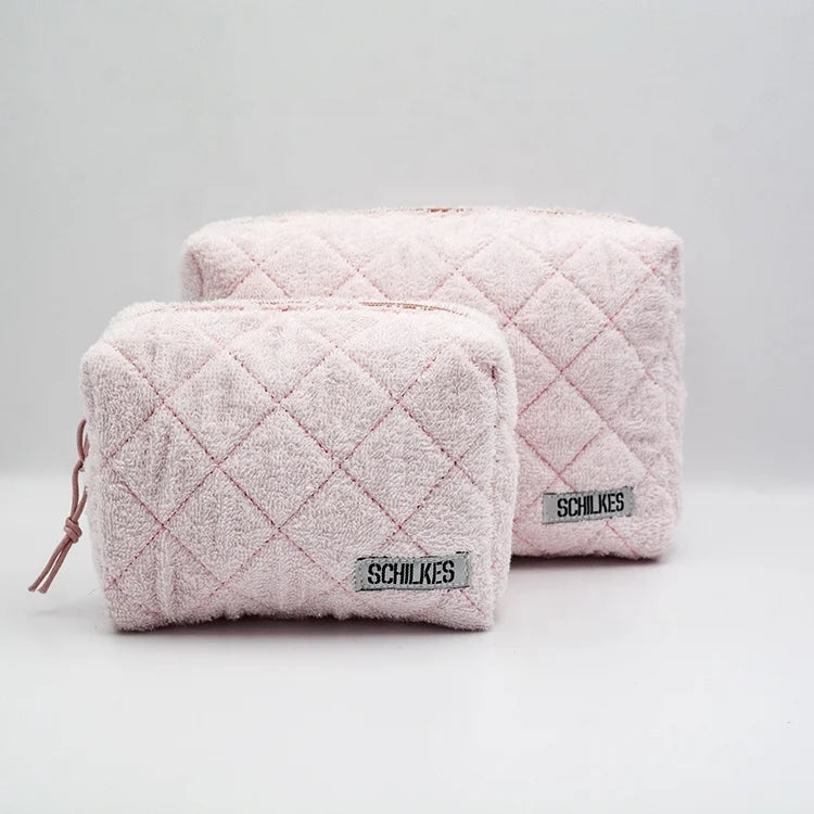 Dual Chamber Terry Cloth Toweling Soft Fabric Cosmetic Bag Make up Cute Pouch Mini for Women
