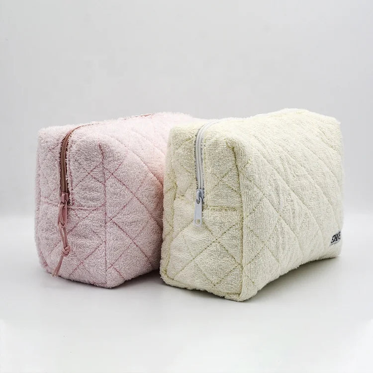 Dual Chamber Terry Cloth Toweling Soft Fabric Cosmetic Bag Make up Cute Pouch Mini for Women