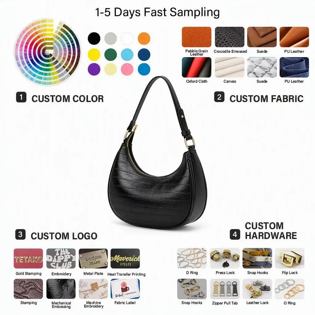 Embossed Texture Crescent Shoulder Bag, Gloss Body, Gold Zipper + Dual Ring Hardware,Multi-Color Brand Customization OEM/ODM