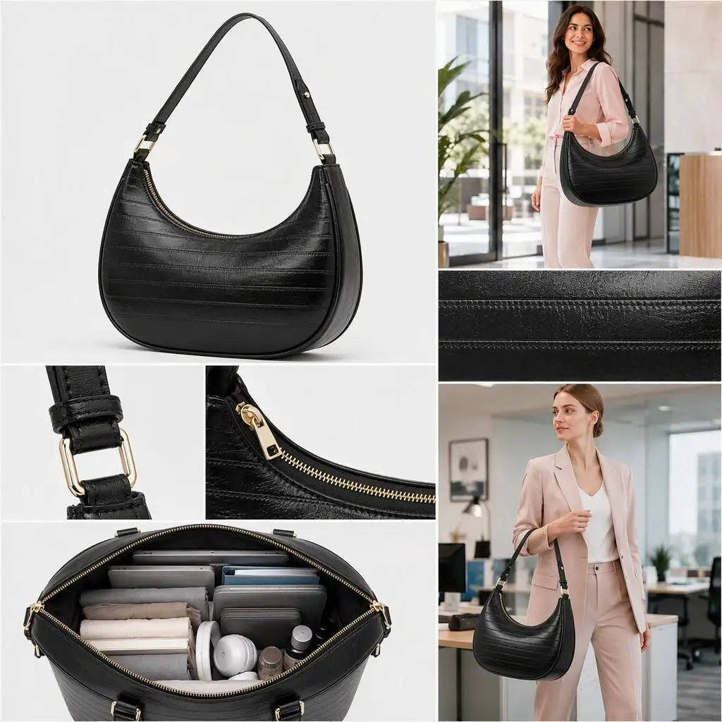 Embossed Texture Crescent Shoulder Bag, Gloss Body, Gold Zipper + Dual Ring Hardware,Multi-Color Brand Customization OEM/ODM