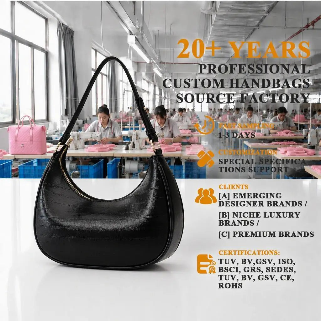 Embossed Texture Crescent Shoulder Bag, Gloss Body, Gold Zipper + Dual Ring Hardware,Multi-Color Brand Customization OEM/ODM