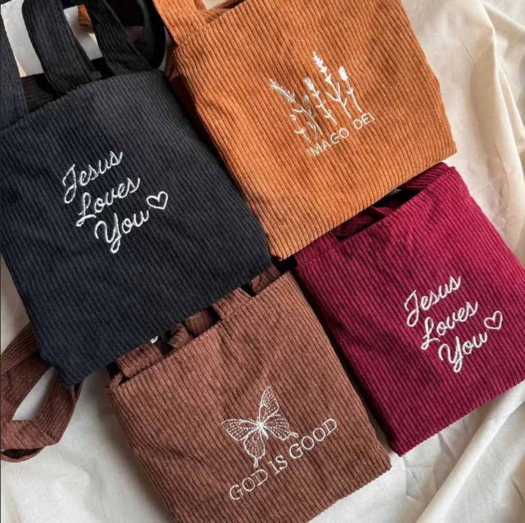 Embroidered Crossbody Handbag Cute Zipper Corduroy Tote Bag Daily Shoulder Bags for Women