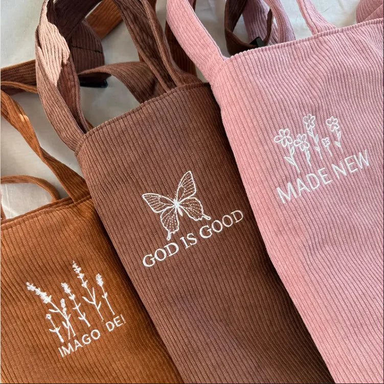 Embroidered Crossbody Handbag Cute Zipper Corduroy Tote Bag Daily Shoulder Bags for Women