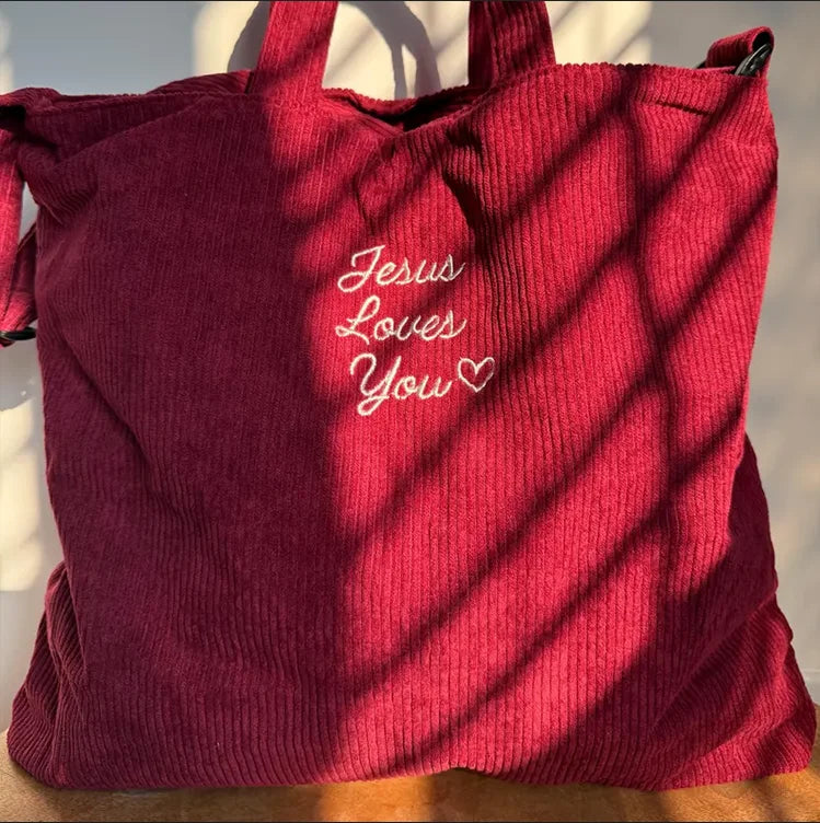 Embroidered Crossbody Handbag Cute Zipper Corduroy Tote Bag Daily Shoulder Bags for Women