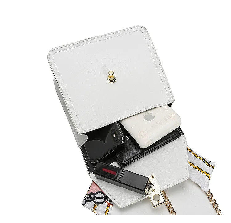 Eu Market Exclusively for Summer PU Leather Metal Chain Strap Hand Silk Tape Handbag Shoulder Bag Mini Bag Women Handbag