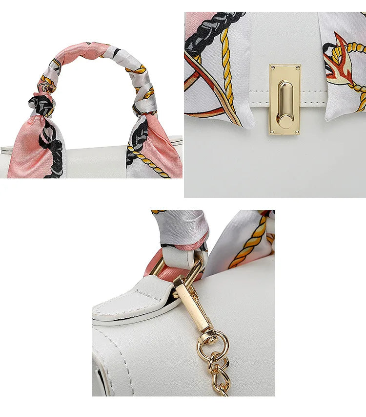 Eu Market Exclusively for Summer PU Leather Metal Chain Strap Hand Silk Tape Handbag Shoulder Bag Mini Bag Women Handbag
